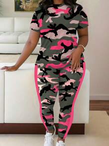 Maweii 2pcs Plus Size Women Camouflage Print Short Sleeve Top And Pants Set, Casual - Multicolor - View 1
