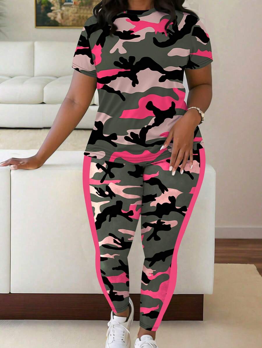 Maweii 2pcs Plus Size Women Camouflage Print Short Sleeve Top And Pants Set, Casual - Multicolor - View 1