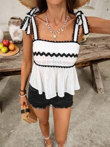 SHEIN VCAY Áo kiểu nữ mùa xuân hè phong cách Boho bằng vải lanh, áo hai dây peplum, áo croptop phối màu, áo buộc dây vai, cổ vuông, áo kiểu babydoll rộng rãi, áo thun xếp ly, áo nữ mùa hè, áo casual, áo đi dự tiệc, áo đi nghỉ mát, áo mùa hè mặc đi biển, áo mùa hè cho nữ, áo đi biển cho nữ, áo mùa hè dự lễ hội, áo đi nghỉ mát - trắng - Xem 2