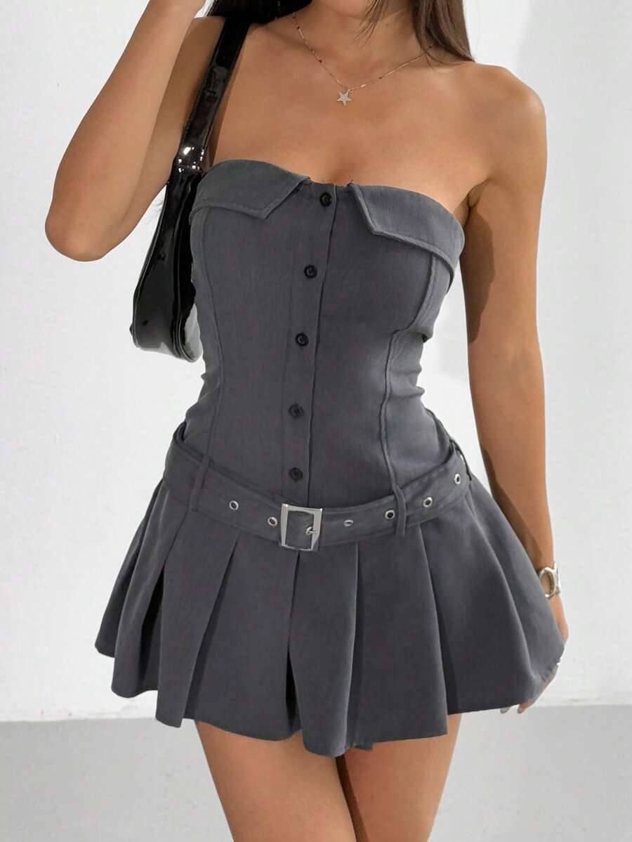 SHEIN EZwear 女士纯色露肩简约连衣裙，适合夏季 - 灰色 - 查看 1