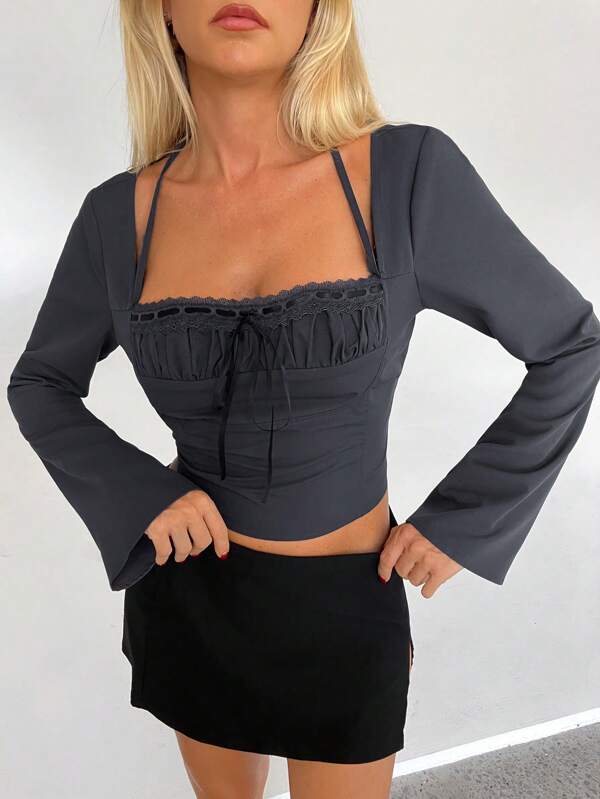 Aloruh Women Vintage Romantic Sexy Elegant Office Commuter Solid Dark Grey Long Sleeve Trumpet Sleeve Fitted Square Neck Bowknot Lace Decoration Cropped Top