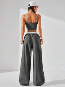 Coolane Conjunto de 2 piezas de moda para mujer, top y pantalones de 2 en 1 con empalmes de color contrastante, apropiado para usar de manera informal en primavera y verano