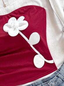 Soleia Women's Vacation Bandeau Top With Side Ruche, Fitted Body Sculpting Floral Top, Autumn/Winter Layering, Party & Casual Wear - Red - View 5