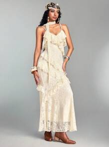 ROMWE Hippie Gaun Slip Elegan Wanita Warna Polos dengan Detail Renda Kontras di Bagian Bawah dan Rumbai - Aprikot - View 4