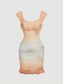 SHEIN MOD Seashell Sleeve Beach Holiday Ruffle Trim Mini Dress,Spring/Summer Outfits,Beach Outfits, Brunch Outfits,Spring Break,West,Vacation,Country,Mesh Dress - Multicolor - View 1