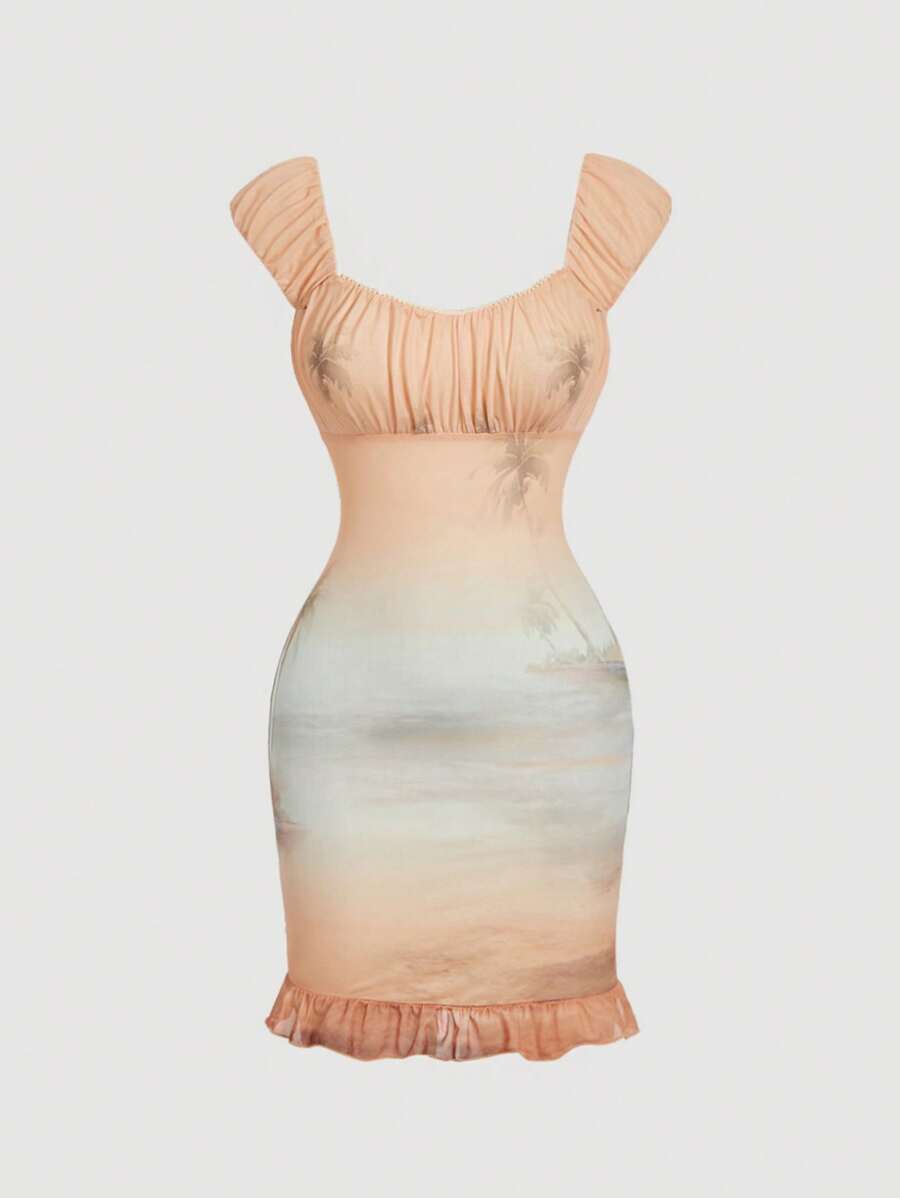 SHEIN MOD Seashell Sleeve Beach Holiday Ruffle Trim Mini Dress,Spring/Summer Outfits,Beach Outfits, Brunch Outfits,Spring Break,West,Vacation,Country,Mesh Dress - Multicolor - View 1