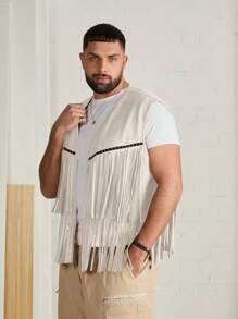 EASEVO Plus Size Men Casual Beige Woven Loose Suede Fleece Sleeveless Vest, For Fall Winter