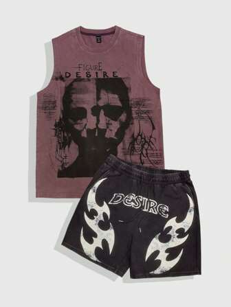 Grunge Punk Men's Punk Slogan & Figure Print Crew Neck Vest And Shorts Casual Set