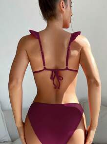 SHEIN Swim 女士度假海滩性感纯色比基尼套装 - 酒紅色 - 查看 2