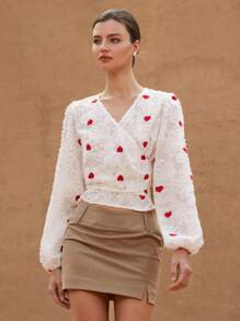 Aveloria Rosie Elegant Textured Fringed Color Blocking Heart Embroidered V-Neck Wrap Tie Front Long Sleeve Cinched Waist Women Blouse Boho Vacation FashionableStyle All Over Print