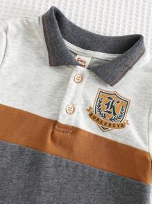 Cozy Pixies 2pcs/Set Baby Boy Contrast Color Collar Short Sleeve Top And Elastic Waist Shorts Set - Khaki - View 4