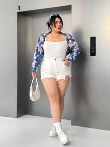 SHEIN EZwear 大码花卉印花短款牛仔夹克，休闲，春夏 - 彩色 - 查看 4