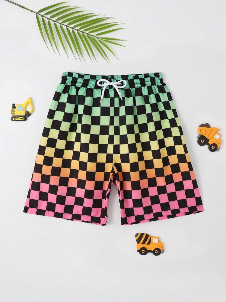 SHEIN Pantalones Cortos De Playa De Cintura Con Cordón Para Niño Adolescente Con Estampado De Tablero De Ajedrez - Multicolor - Añade 4