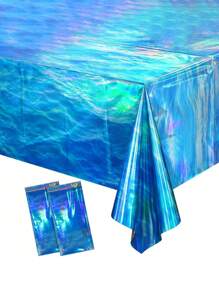 SHEIN 3 Pcs Iridescent Ocean Waves Tablecloths, 54 X 108 Inch Disposable Plastic Ocean Blue Table Cloth Rectangle Table Covers For Under The Sea Beach Surf Ocean Pool Party Birthday Party Decorations, Valentine Day - Blue - View 6