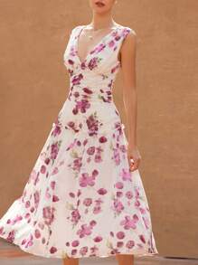 EMERY ROSE Vestido elegante y romántico de estilo francés con estampado floral morado y blanco de gasa con cuello en V profundo, cintura fruncida, volantes en el bajo y sin mangas para mujer, estilo bohemio y de vacaciones, con estampado todo sobre para el verano - Multicolor - Ver 4