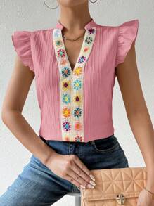 SHEIN LUNE Dames casual blouse met bloemenpatroon, V-hals en kapmouwtjes
