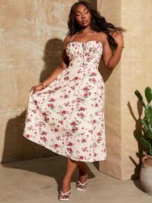 SHEIN SXY Plus Size Elegant Floral All-Over Print Halter Neck Dress, Summer - Multicolor - View 1