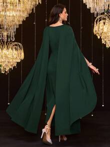 Modelyn Vestido elegante de mujer con parches de unicolor, decoración de perlas falsas y drapeado - Verde Oscuro - Ver 2
