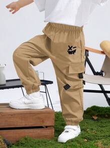 SHEIN Pantalones cargo holgados con estampado gráfico informal y bolsillos para niños preadolescentes, aptos para ir y venir, la escuela, diario, vacaciones, deportes, primavera, verano, otoño e invierno - Caqui - Ver 3