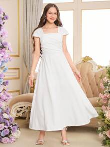 Váy midi xếp nếp cổ vuông tối giản màu trắng thanh lịch cho bé gái tuổi teen, mùa hè - trắng - Xem 1