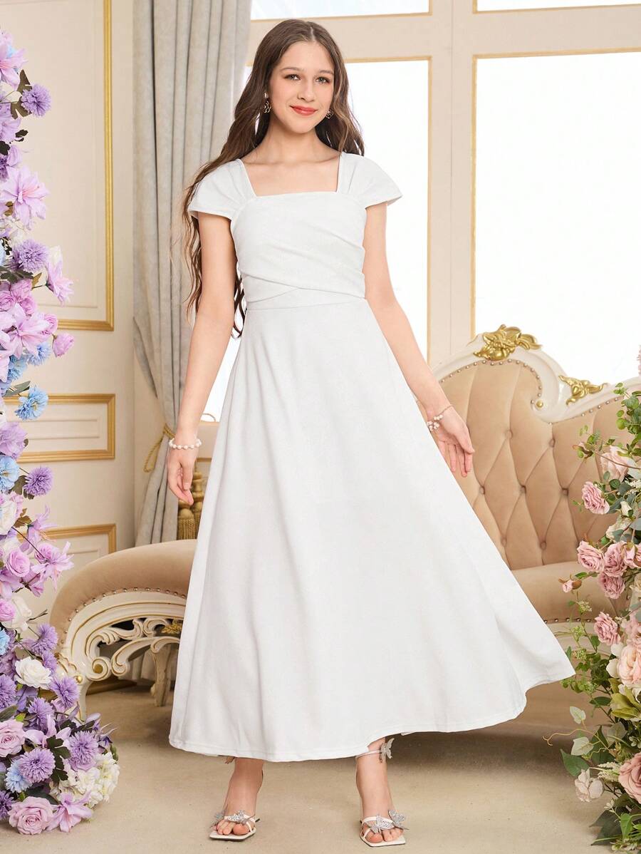 Váy midi xếp nếp cổ vuông tối giản màu trắng thanh lịch cho bé gái tuổi teen, mùa hè - trắng - Xem 1