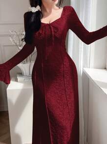 女士优雅蕾丝长袖中长连衣裙长款晚礼服 - 酒紅色 - 查看 3