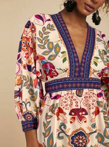 Travachic Đầm dự tiệc mini họa tiết hoa cổ chữ V tay 3/4 cho nữ - Màu be - Xem 1