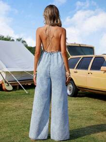 Breezaya Women's Western Style Wide Leg Loose Backless Criss-Cross Strap Denim Jumpsuit Summer Vacation Outfits Women - Blue - View 6