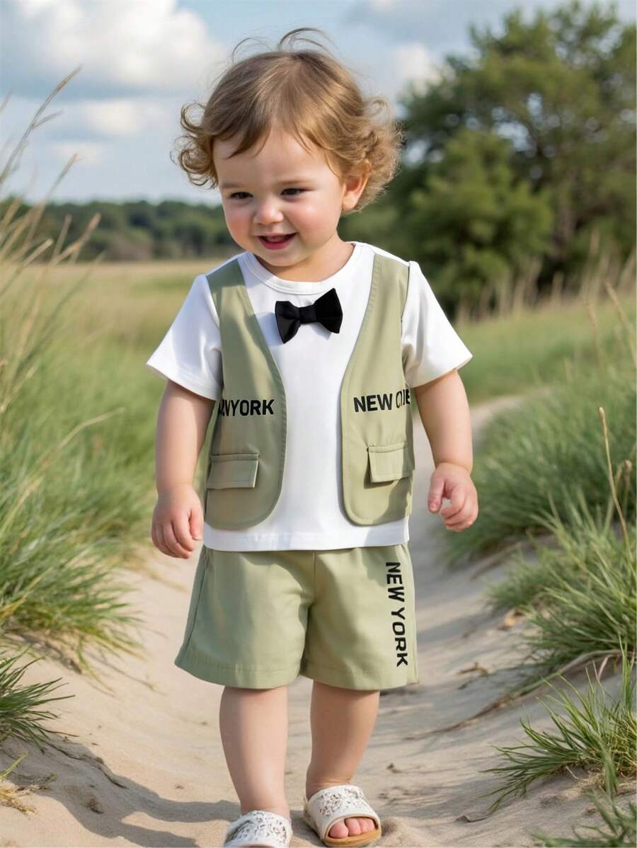 SHEIN Conjunto de 2 piezas de jersey de punto suave con estampado de letras y pantalones cortos de cintura elástica para niño pequeño