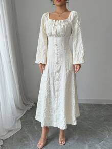 Modelyn 女士优雅通勤纯色纹理灯笼袖连衣裙 - 杏色 - 查看 5