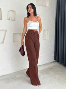 SHEIN Cottnline Fashionable Striped High-Waisted Straight-Leg Pants - Brown - View 4