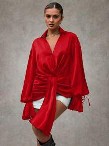 SHEIN BAE Áo thun nữ cổ tròn tay bồng xếp ly lệch màu gợi cảm cho tiệc cocktail/câu lạc bộ/tiệc rave/tiệc sinh nhật/tiệc độc thân/halloween/đi chơi đêm - Đỏ - Xem 5