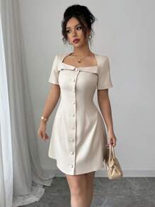 SHEIN Elenzya Women's Elegant Commuter A-Line Short Sleeve Mini Dress With Flap Collar And Button Closure, Waist Cinching Design, Spring/Summer - Apricot - View 7