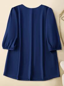 Plus Size Women 3/4 Sleeve Floral Embroidered Front Opening Half Placket Blouse - Navy Blue - View 2