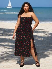 SHEIN CURVE+ Women's Cherry Print Knitted Dress In Plus Size - Multicolor - View 5