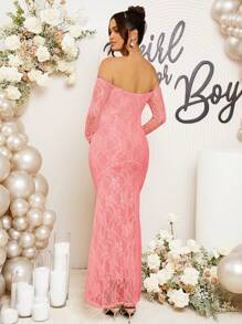Loomaby Maternity Off Shoulder Long Sleeve Lace Fishtail Hem Elegant Fitted Dress, Baby Shower Dress - Pink - View 2