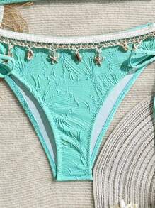 SHEIN Swim 女士海滩度假吊坠装饰比基尼套装 - 薄荷藍 - 查看 4