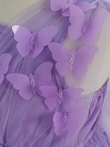 Baby Girls' Dreamy Purple 3D Floral Mesh Strap Party Dress, Suitable For Outing, Performance, Banquets And More Occasions - Purple - View 4