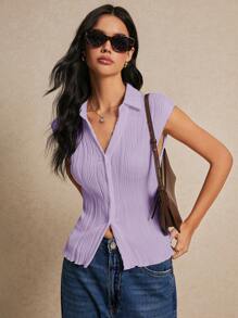Poéselle Summer Simple Textured Button Front T-Shirt - Mauve Purple - View 2