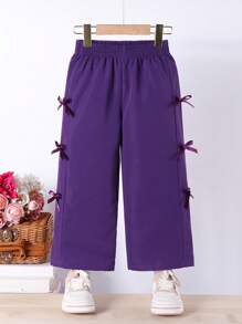 SHEIN Pantalones casuales deportivos de pierna ancha y cintura alta con lazo para niñas, pantalones de chándal livianos color rosa para primavera y verano