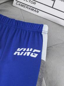 Baby Boy 2pcs Set: Sports Casual Color-Block Short Sleeve Letter Print T-Shirt & Patchwork Long Pants Outfit,Blue White Stripe,Summer,Casual,Beach - Multicolor - View 5