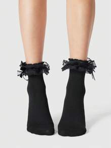 ROMWE Kawaii Calcetines hasta el tobillo para mujer con decoración de volantes y moño de encaje dulce