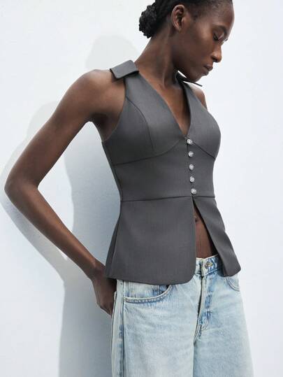 Maija 女士灰色 V 领无袖背心，水晶装饰纽扣，前开衩下摆，简约优雅通勤风格背心