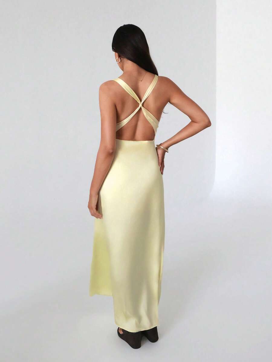 SHEIN Unity Women's Fashionable Satin Backless Draped Neck Fitted Maxi Dress, European & American Style For Spring/Summer - Yellow - View 1