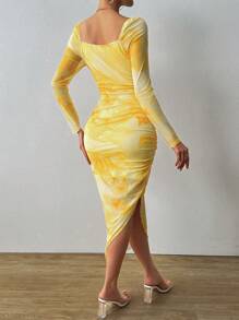Calvaya Tie Dye Gerimpelde Asymmetrische Zoom Mesh Bodycon Jurk Maxi Dames Outfit