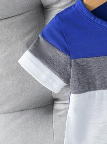 Baby Boy 2pcs Set: Sports Casual Color-Block Short Sleeve Letter Print T-Shirt & Patchwork Long Pants Outfit,Blue White Stripe,Summer,Casual,Beach - Multicolor - View 4