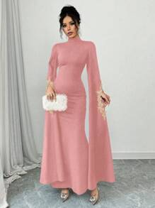 Elenzga Women's Elegant Solid Color Embroidery Mermaid Dress - Dusty Pink - View 6