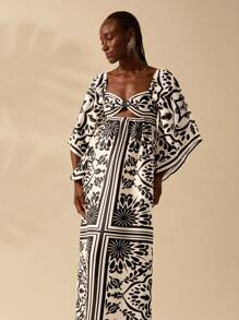 CAJUNI Vestido maxi de manga larga con estampado floral vintage negro y diseño hueco delantero, en estilo vacacional