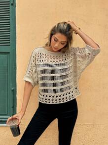 SHEIN LUNE Áo chui đầu dệt kim cổ tròn tay ngắn khoét rỗng thời trang xuân/hè, đa năng và trẻ trung - Màu be - Xem 3