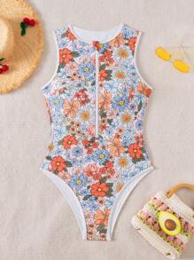 Swim SPRTY 女士春夏花卉印花沙滩/冲浪连体裤，饰有图形设计，圆领拉链运动无袖套装 - 彩色 - 查看 7